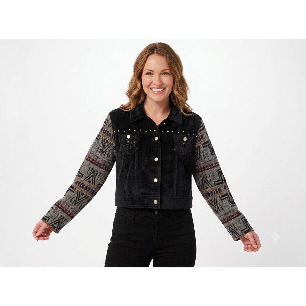 Venario Southwestern Aztec Jacket XXL Mixed Media Studded Trucker Shacket EUC
